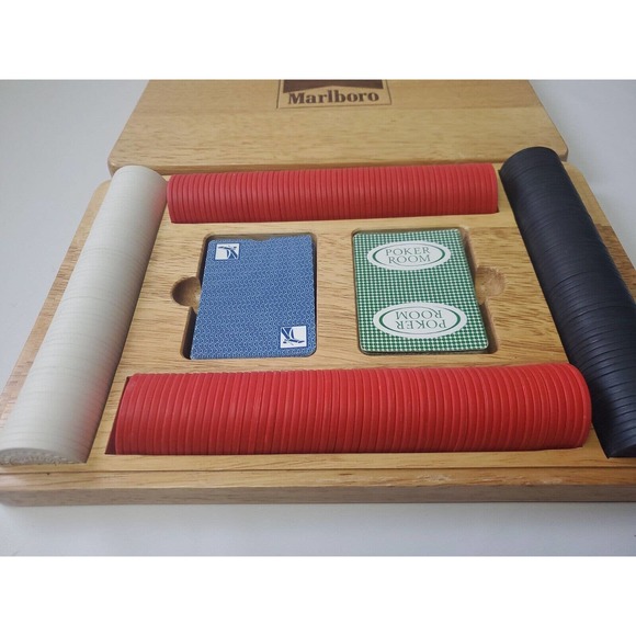 Marlboro Poker Chip Set 2 Card Decks & Chips Wood Oak Case Vintage Promo - Picture 2 of 3